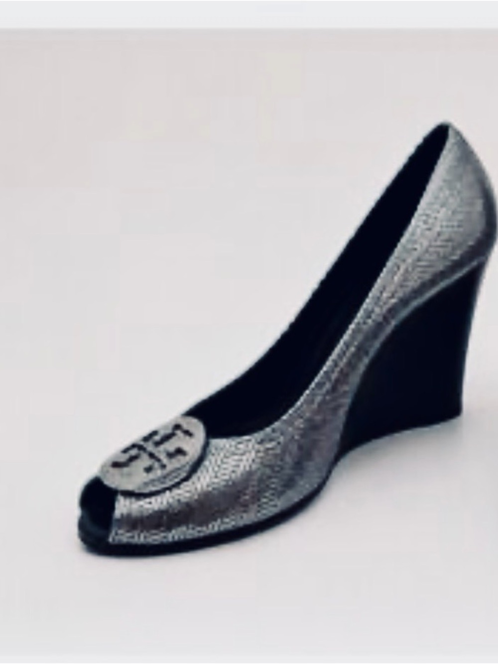 Tory Burch Silver Metallic Peep-Toe Wedge